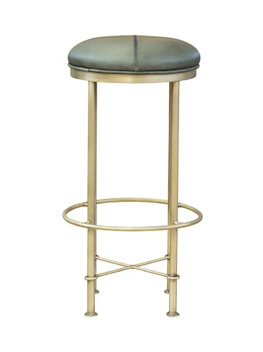 Casa Padrino taburete de bar de cuero genuino de lujo verde / lat¨®n antiguo A. 75 cm - Muebles de bar