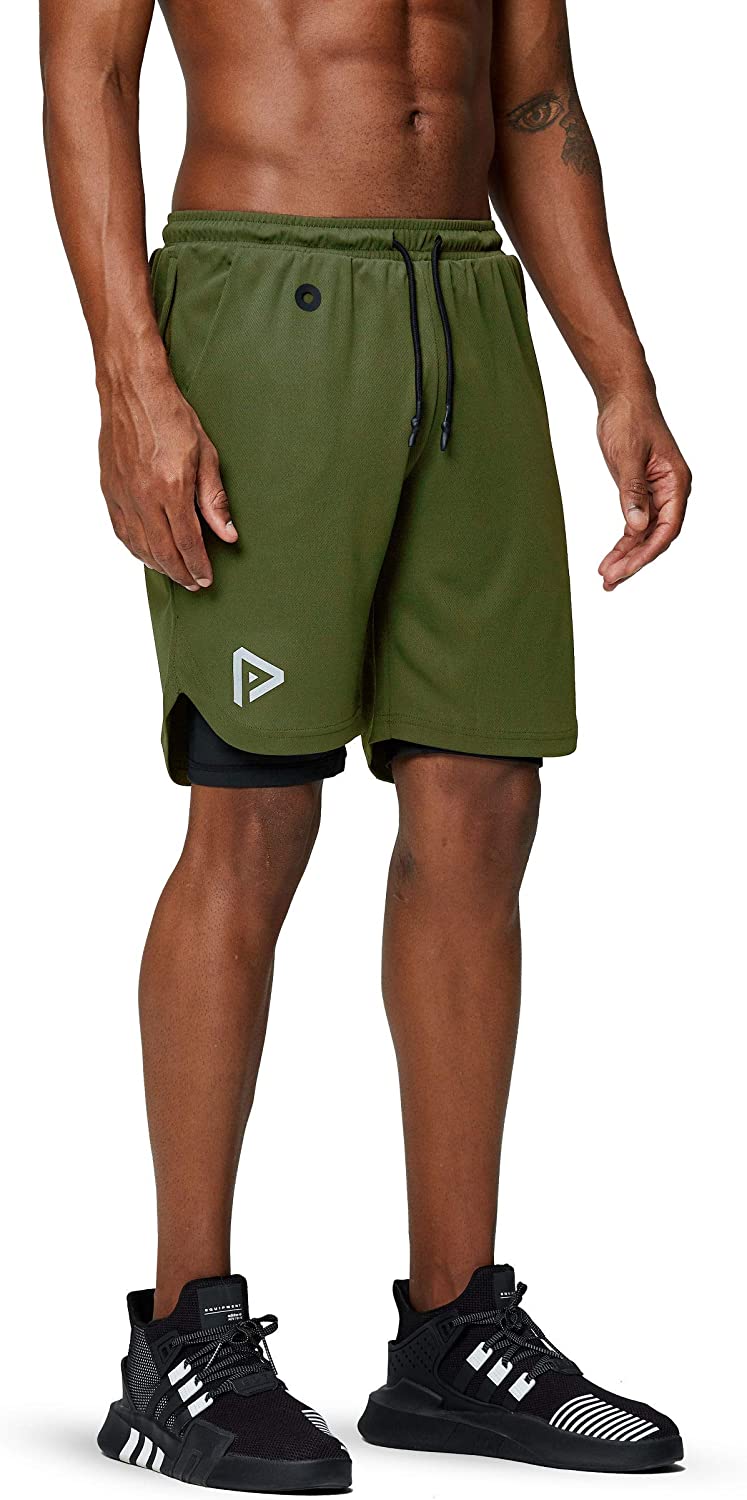 Men's 2 in 1 Running Shorts Gym Workout Quick Dry Mens Shorts with Phone Pocket