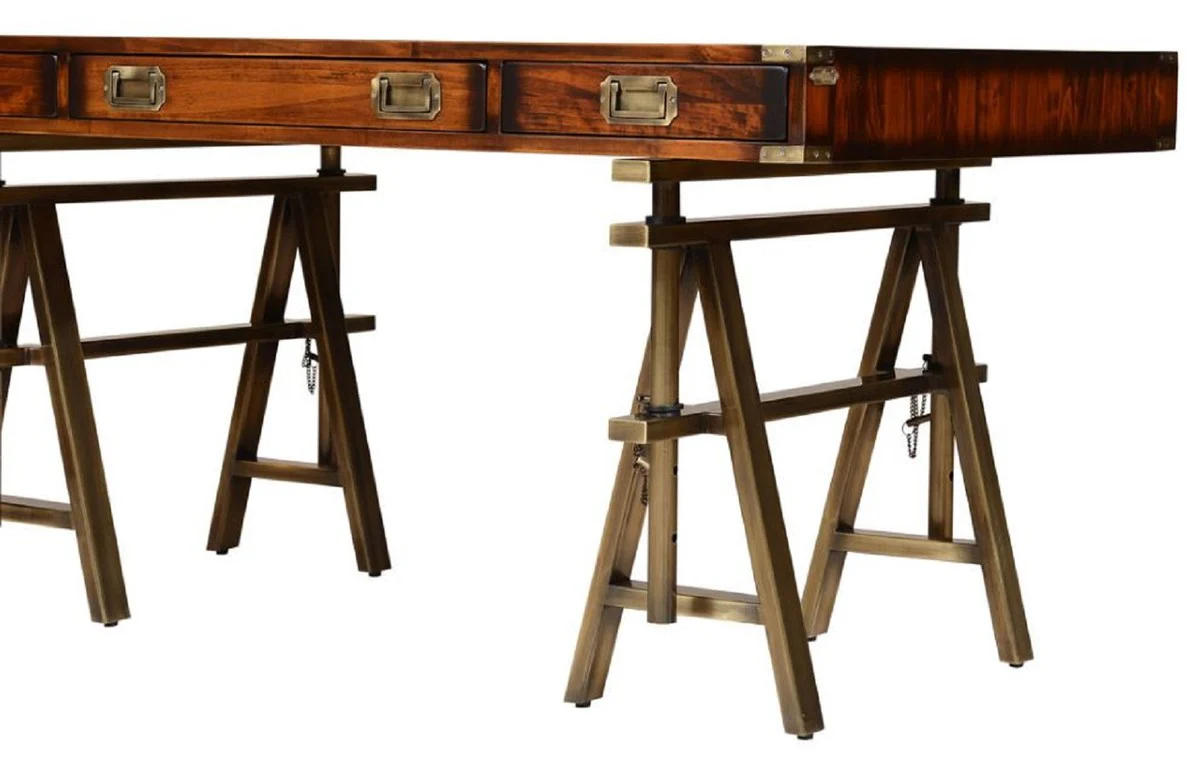 Casa Padrino escritorio de estilo industrial vintage de lujo marrón / latón 149 x 85 x A. 77,5 cm - Mesa de oficina con 3 cajones - Muebles de oficina de estilo industrial vintage de lujo