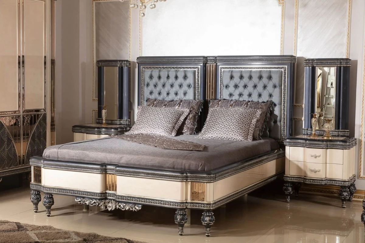 Casa Padrino cama de matrimonio barroco de lujo azul claro / beige / negro / oro - Magnífica cama de madera maciza - Muebles de dormitorio de lujo estilo barroco - Muebles de dormitorio barrocos