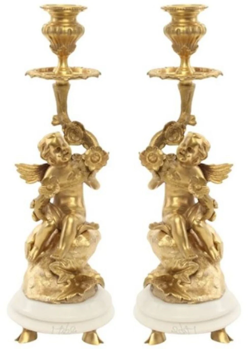 Casa Padrino conjunto de candelabros barroco ángeles oro / blanco 13,8 x 13,8 x A. 39,5 cm - Elegante candelabros de bronce con base de mármol - Accesorios decorativos barrocos - Interior barroco
