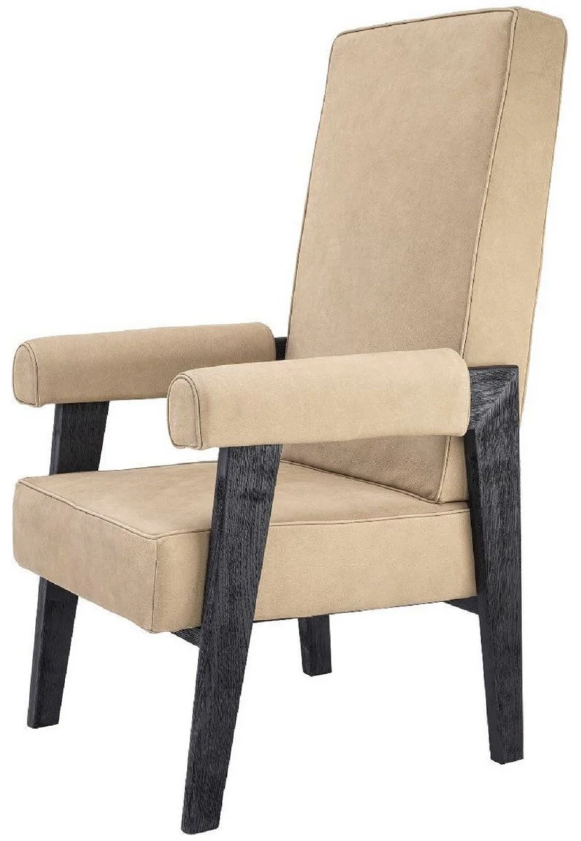 Casa Padrino sill¨®n de lujo de piel genuina con respaldo alto beige / negro 70 x 78 x A. 123 cm - Sill¨®n de sal¨®n con cuero fino de b¨²falo - Muebles de Lujo