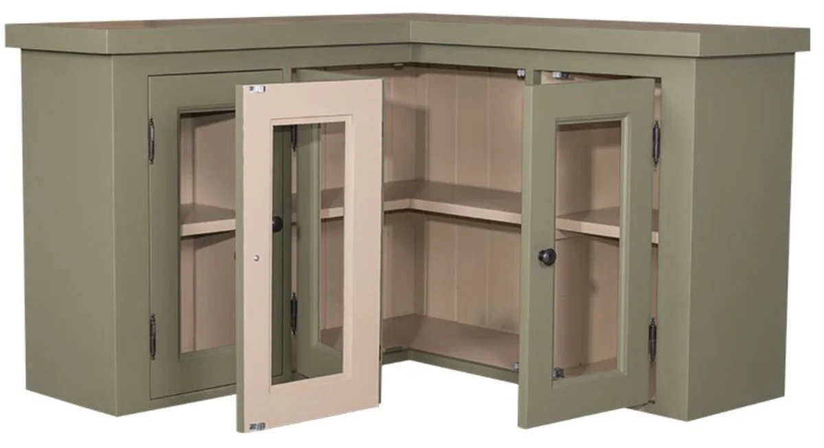 Casa Padrino armario de cocina armario de esquina de estilo country verde / beige 98 x 98 x H. 65 cm - Armario de Pared de Estilo Country con 3 Puertas de Vidrio