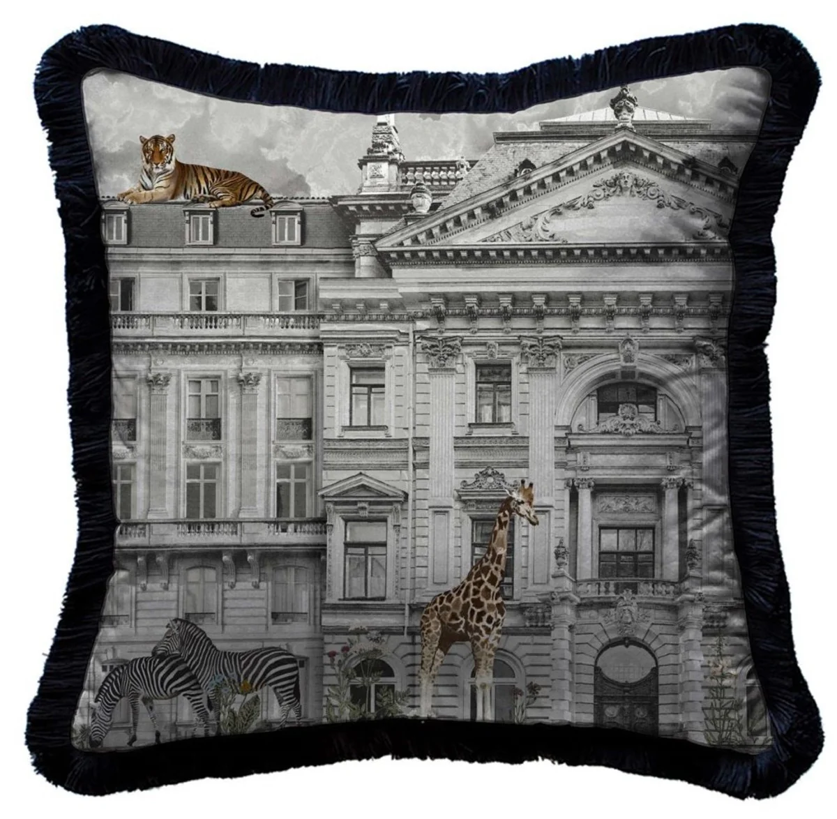Casa Padrino cojín decorativa de lujo magnífica casa y animales gris / multicolor / negro 45 x 45 cm - Almohada de terciopelo estampado con flecos - Accesorios decorativos de lujo