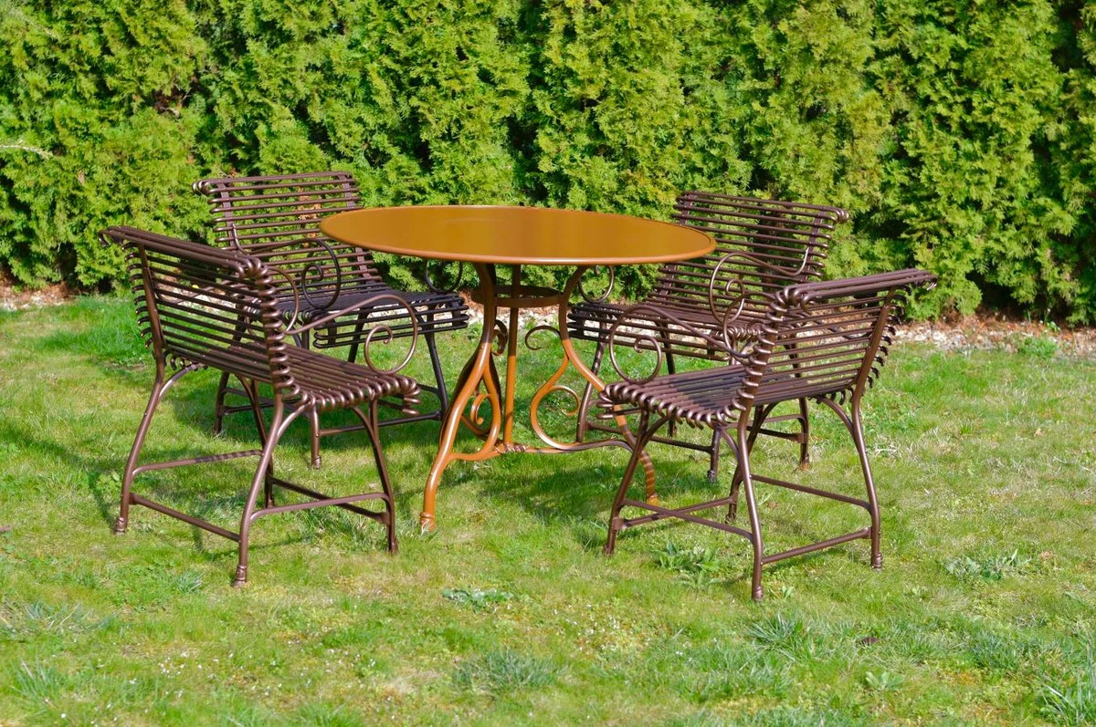 Casa Padrino conjunto de muebles de jard¨ªn Art Nouveau de hierro forjado marr¨®n / marron oscuro - 1 Mesa de Jard¨ªn y 4 Sillas de Jard¨ªn con Reposabrazos - Muebles de Jard¨ªn Barrocos y Art Nouveau