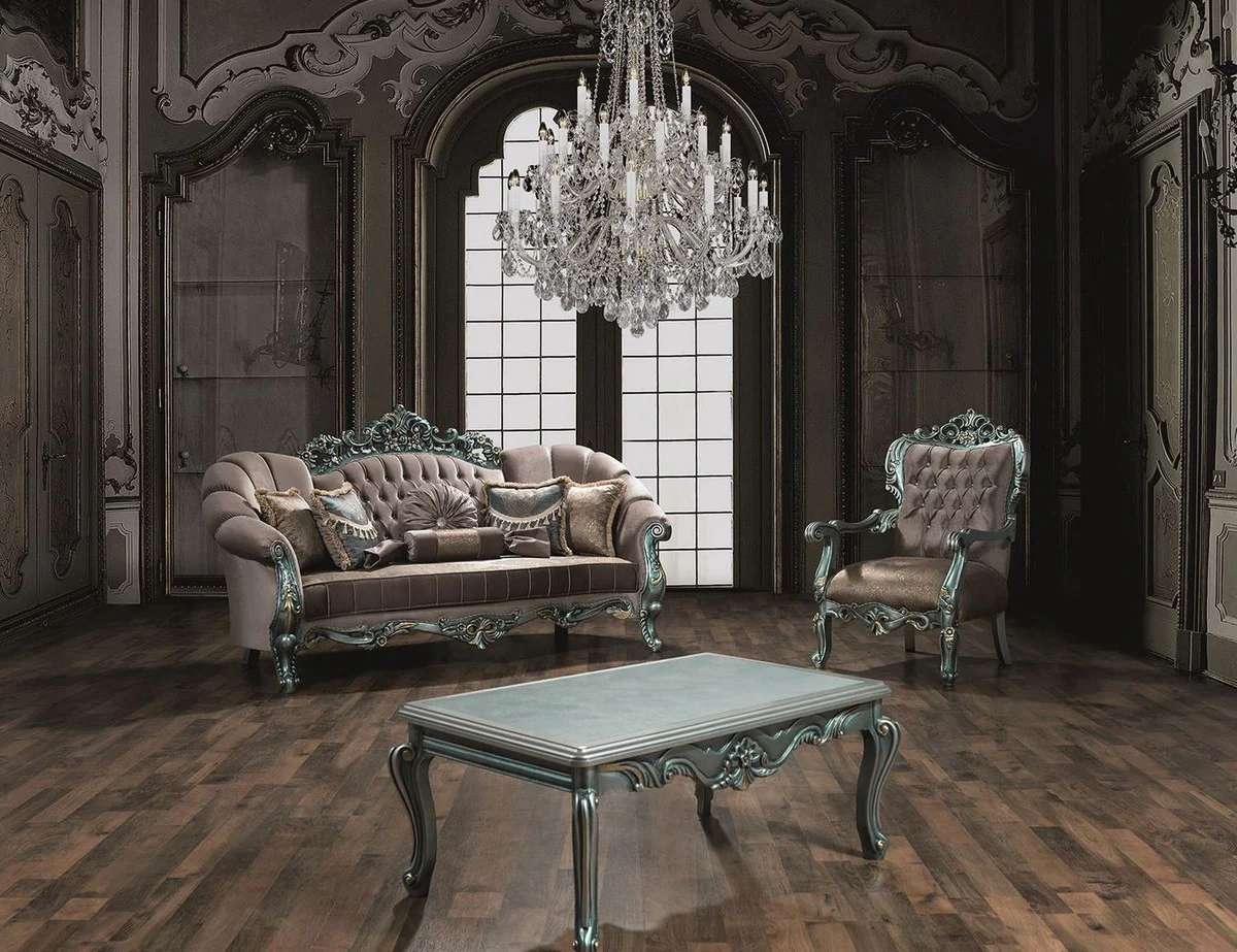 Casa Padrino sof¨¢ de terciopelo barroco de lujo gris / verde / oro 225 x 95 x A. 115 cm - Sof¨¢ de sal¨®n adornado con pedrer¨ªa y almohadas decorativas