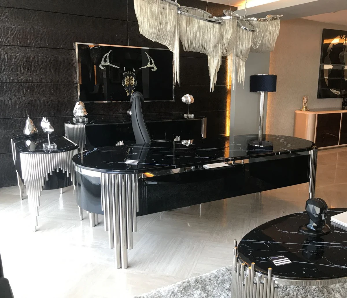 Casa Padrino cómoda de lujo con 2 cajones y tapa de mármol artificial negro / plata - Muebles de lujo
