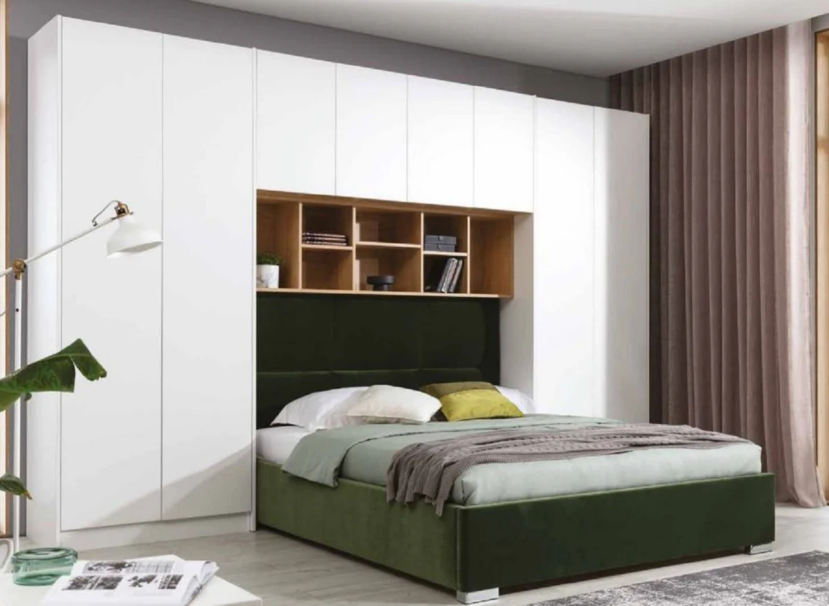 Casa Padrino conjunto de muebles de dormitorio de lujo blanco mate / natural / verde / plata - Cama Doble con Armario de Dormitorio - Muebles de hotel - Muebles de dormitorio - Muebles de lujo