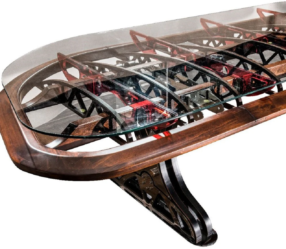 Casa Padrino escritorio de estilo industrial de lujo con tapa de vidrio plata / marrón / rojo 333 x 125 x A. 78,5 cm - Mesa de oficina de estilo industrial - Muebles de estilo industrial de lujo