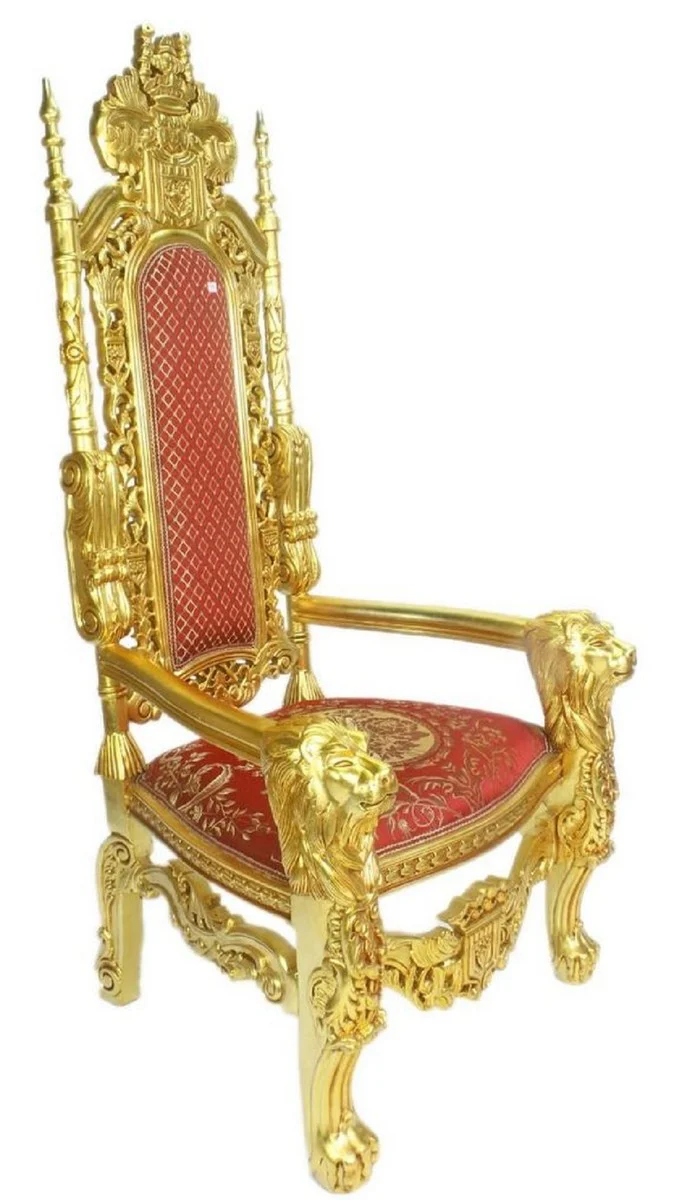 Casa Padrino Sill¨®n Trono Barroco Le¨®n Rojo / Oro 70 x 60 x H. 180 cm - Suntuoso Sill¨®n Gigante - Silla Real - Sill¨®n de Boda - Muebles Barrocos