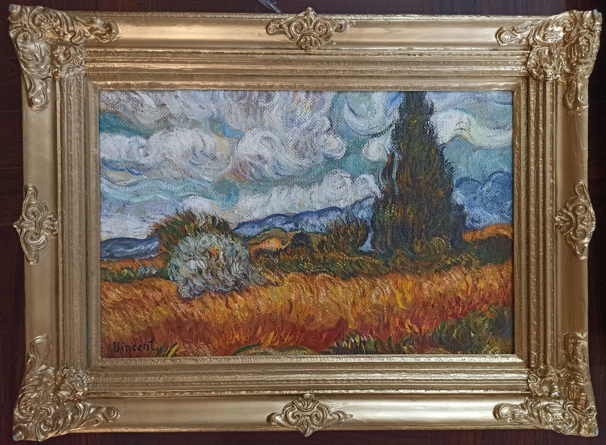 Cuadro pintura al óleo vintage según Vincent van Gogh Paisaje Ciprés 58,42 x A. 46,99 cm - Pintura antigua auténtica según original - Pintada a mano