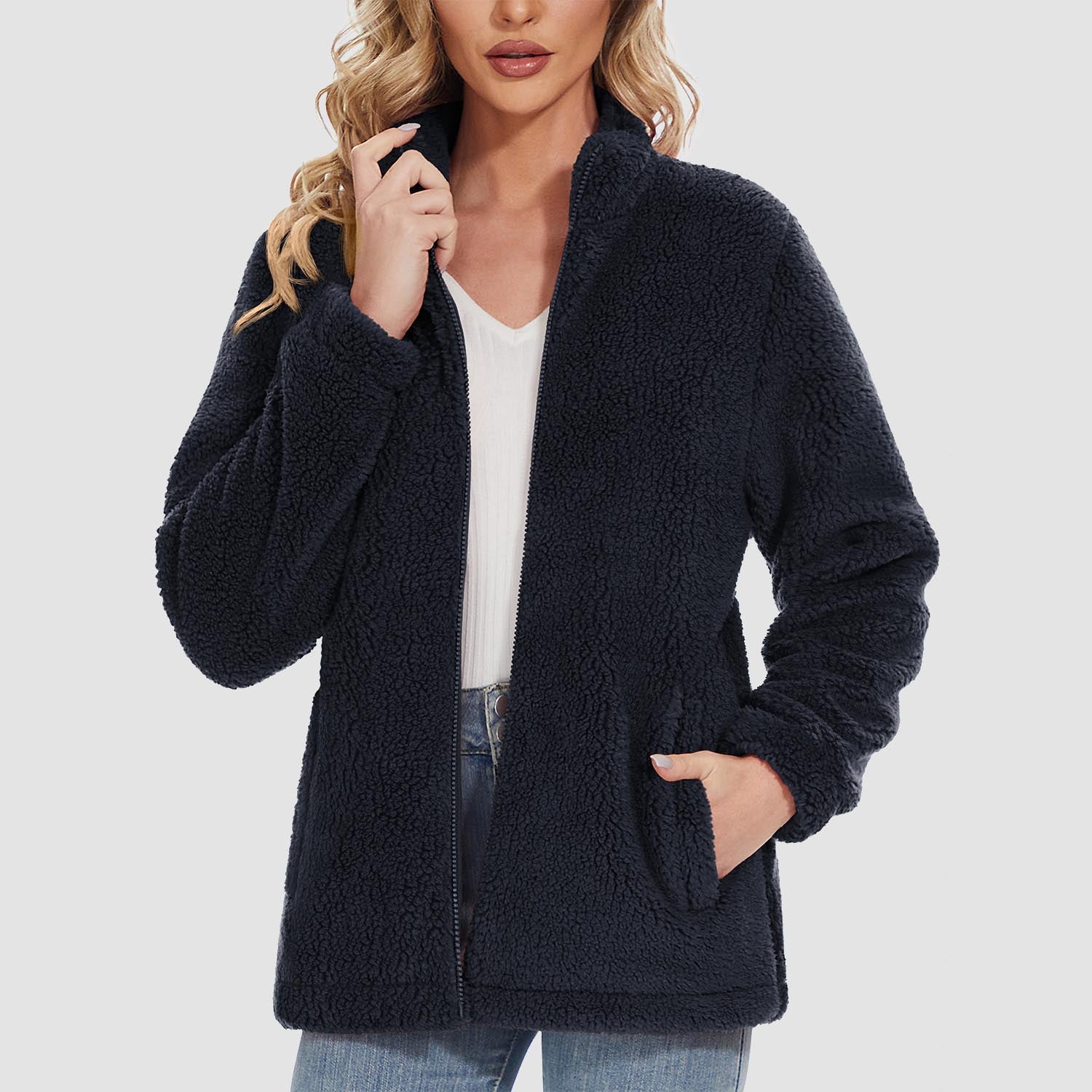 Women Sherpa Jacket Full-Zip Fuzzy Fleece Teddy Casual Coats Zip Pockets Winter Warm Soft Jackets