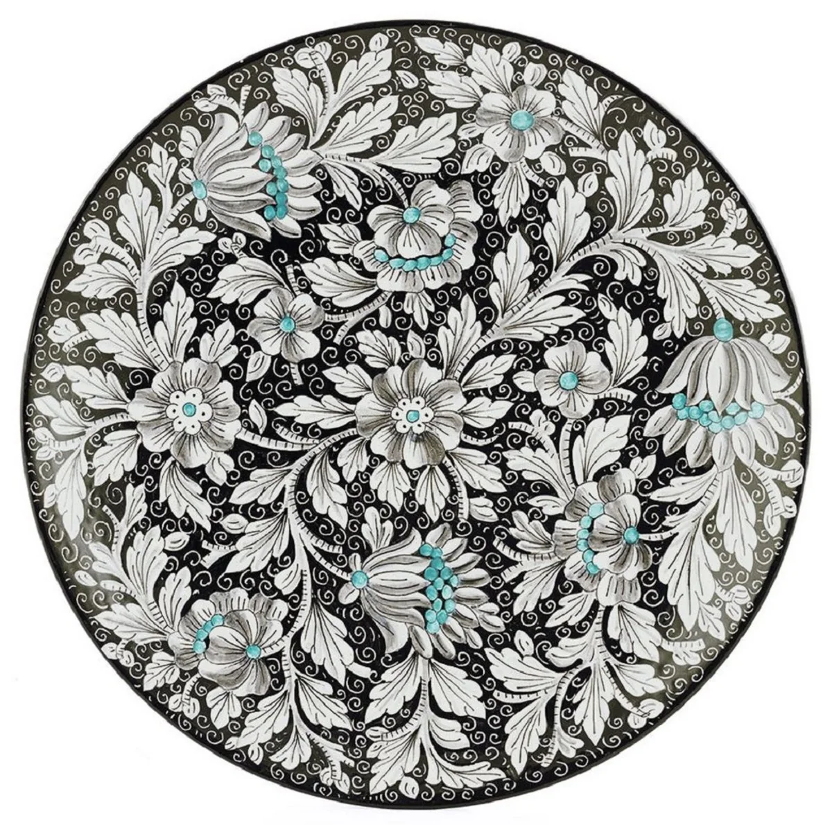 Casa Padrino conjunto de 6 platos de cer¨¢mica de lujo negro / multicolor ? 40 cm - Platos llanos hechos y pintados a mano con dise?o floral - Accesorios hoteles y restaurantes - Hecho en Italia