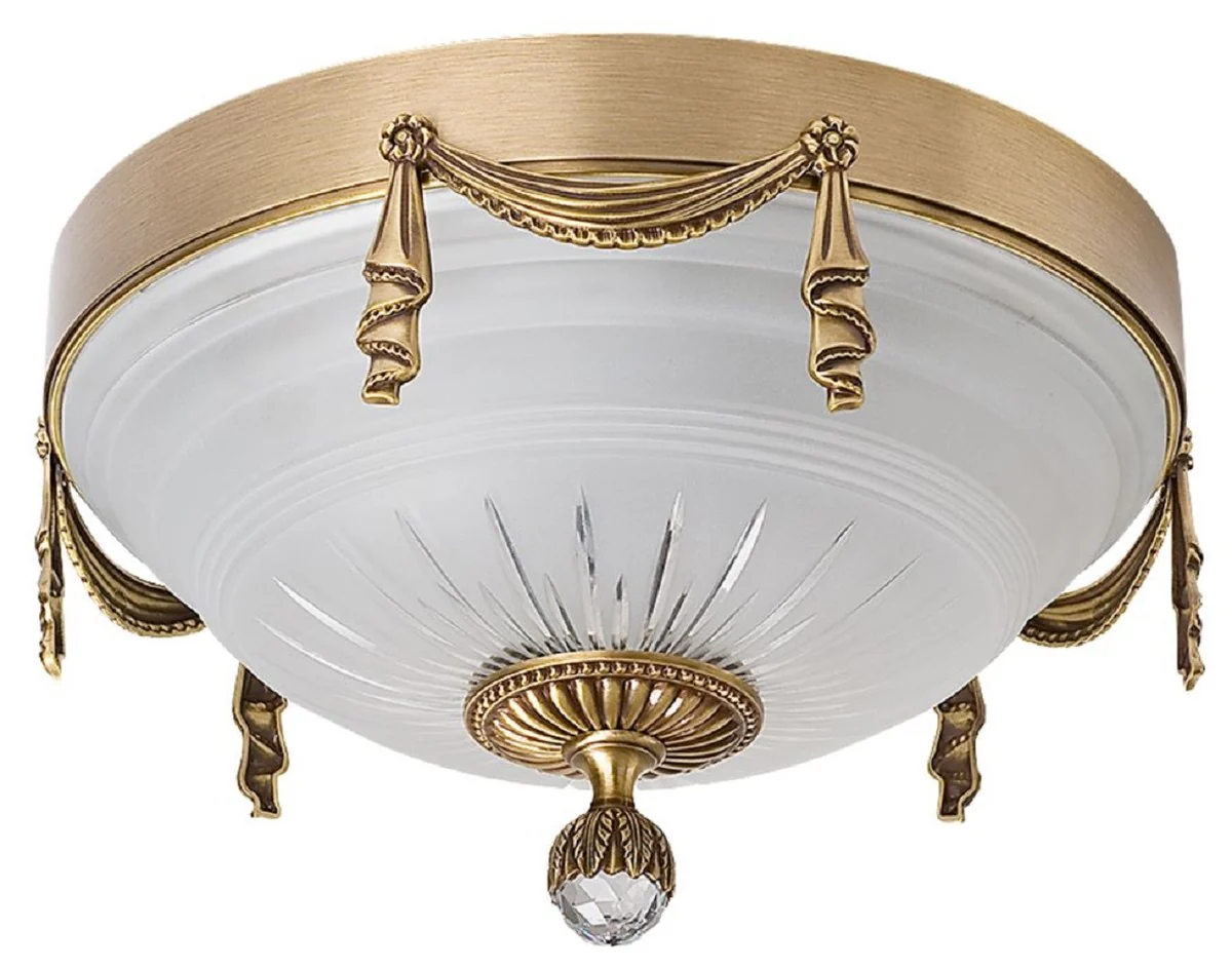 Casa Padrino lámpara de techo de cristal barroco de lujo latón patinado / blanco Ø 30 x A. 20 cm - Lámpara de techo redonda de salón de estilo barroco - Luces barrocos - Muebles barrocos