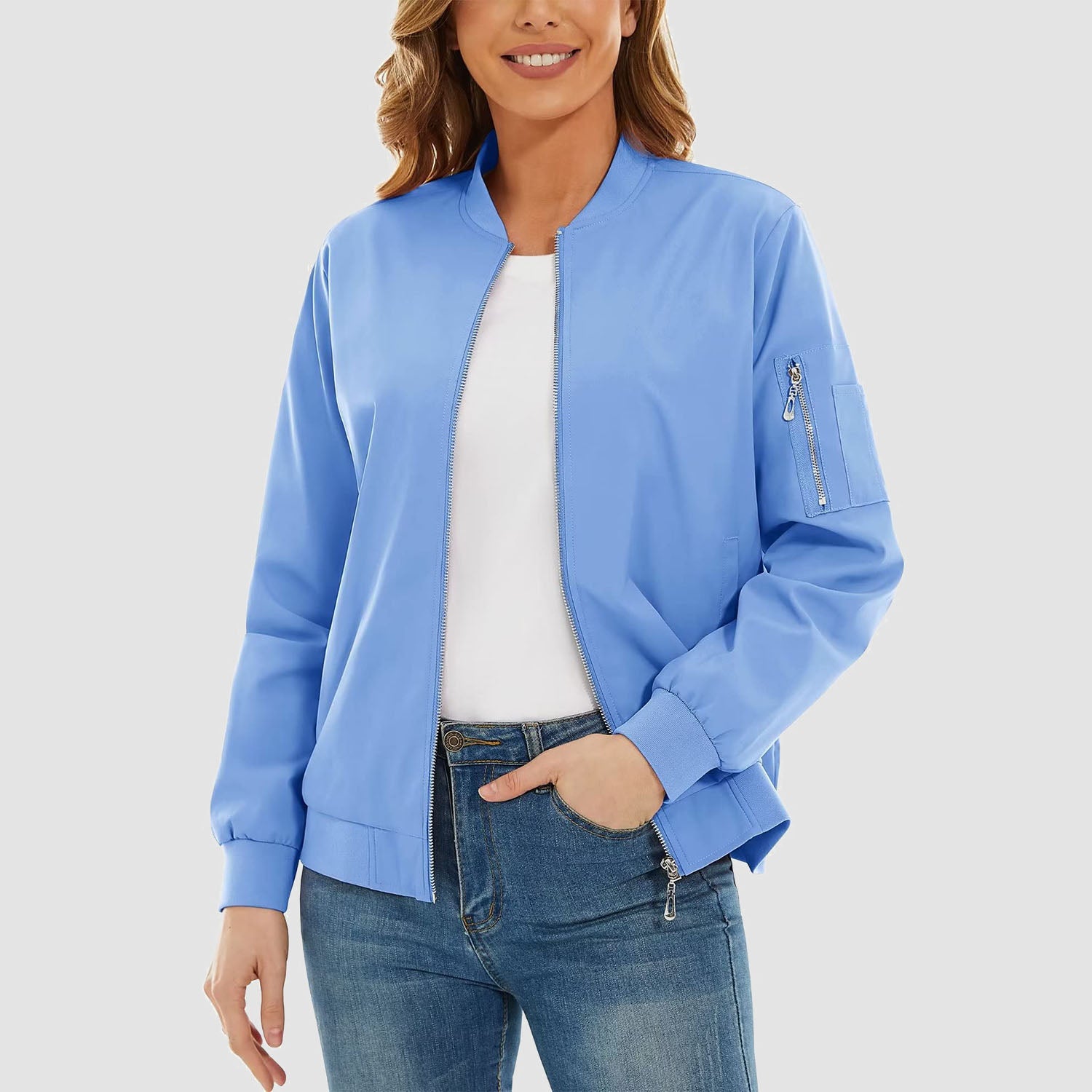 Women's Bomber Jackets Casual Jacket with 3 Pockets Spring Windbrealer Coat Fashion Outwear