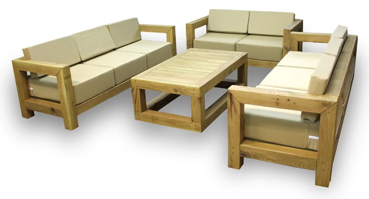 Casa Padrino conjunto de muebles de jardín de madera maciza de lujo beige / natural - 3 Sofás y 1 Mesa de Centro - Muebles de jardín y patio modernos de madera de roble