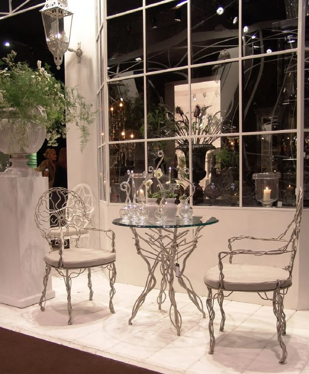 Casa Padrino mesa Art Nouveau de lujo gris ? 60 x A. 75 cm - Mesa de jard¨ªn de hierro forjado a mano con tapa de vidrio - Muebles de Jard¨ªn y Comedor Art Nouveau de Lujo