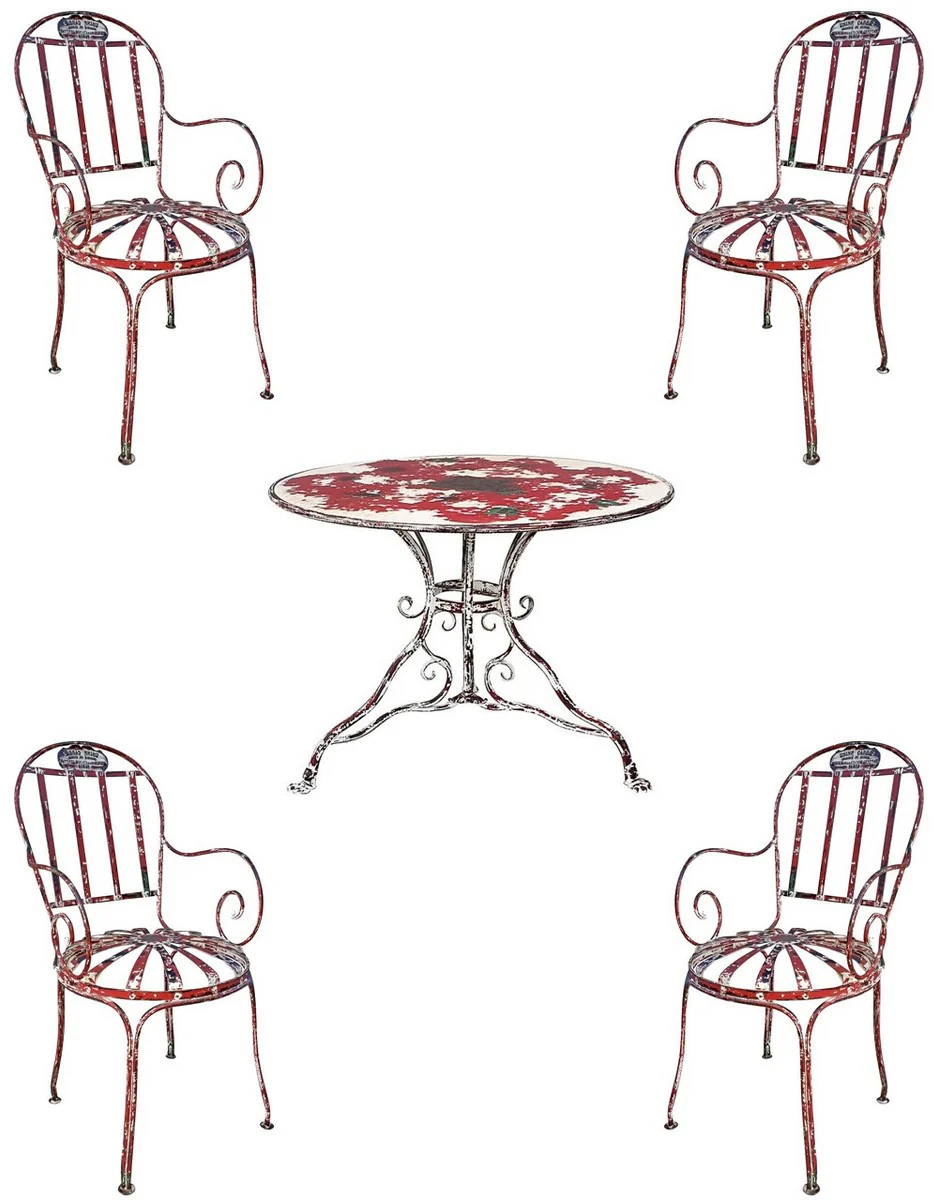 Casa Padrino Conjunto de Muebles de Jardín Art Nouveau de Hierro Forjado Rojo Antiguo / Blanco - 1 Mesa de Jardín y 4 Sillas de Jardín - Muebles de Jardín y Gastronomía Barroco y Art Nouveau