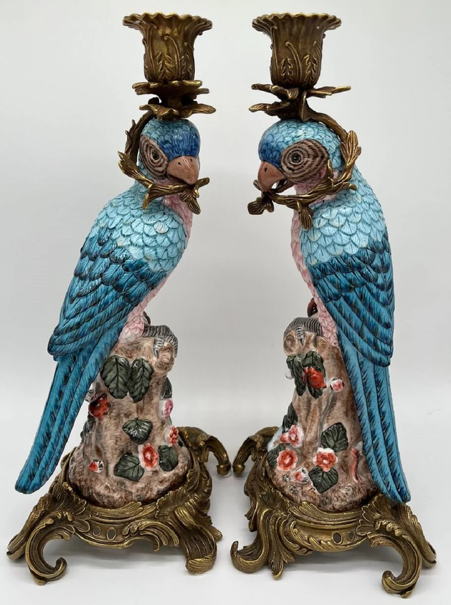 Casa Padrino conjunto de portavelas Art Nouveau loros azul / rosa / multicolor / oro 15,3 x 15,9 x A. 36,3 cm - Portavelas de porcelana elegante - Accesorios Decorativos Barrocos y Art Nouveau