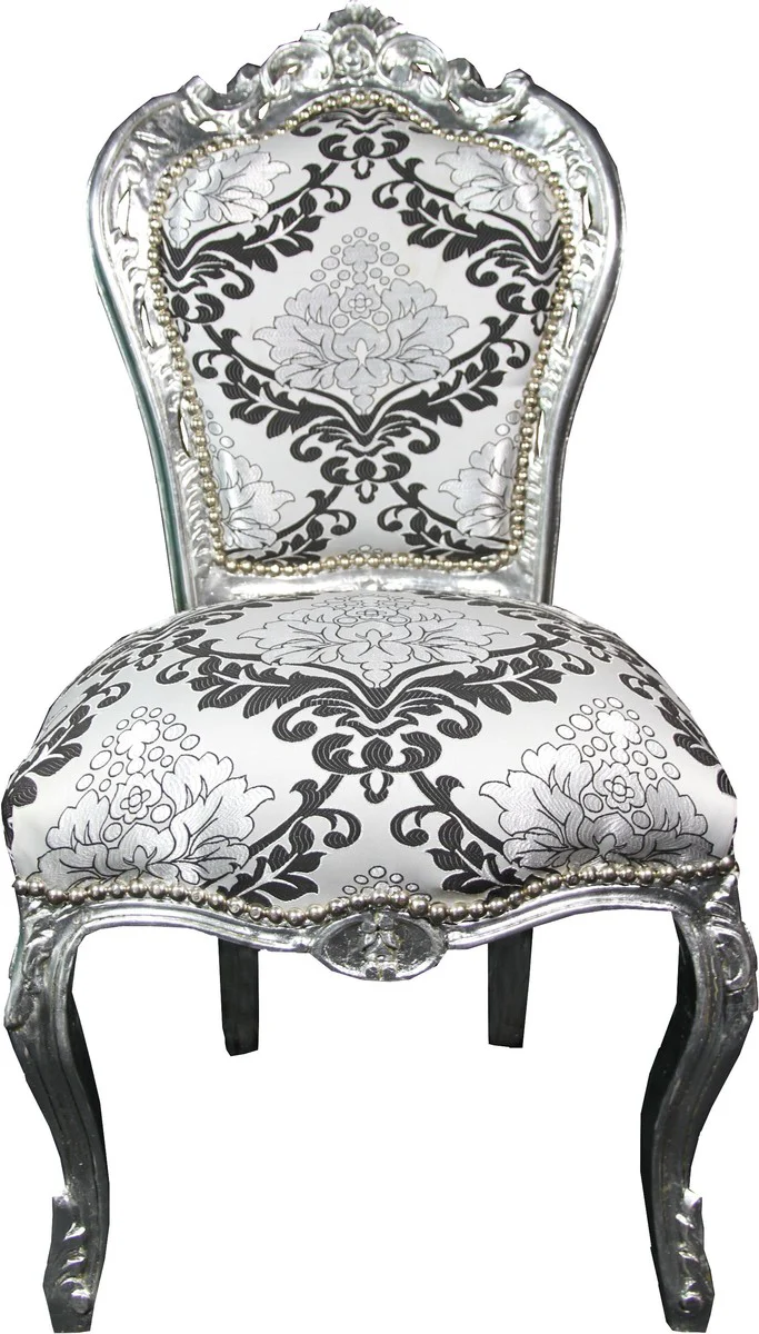 Silla de comedor barroco Casa Padrino Silver Black Pattern / Silver sin brazos - Muebles antiguos