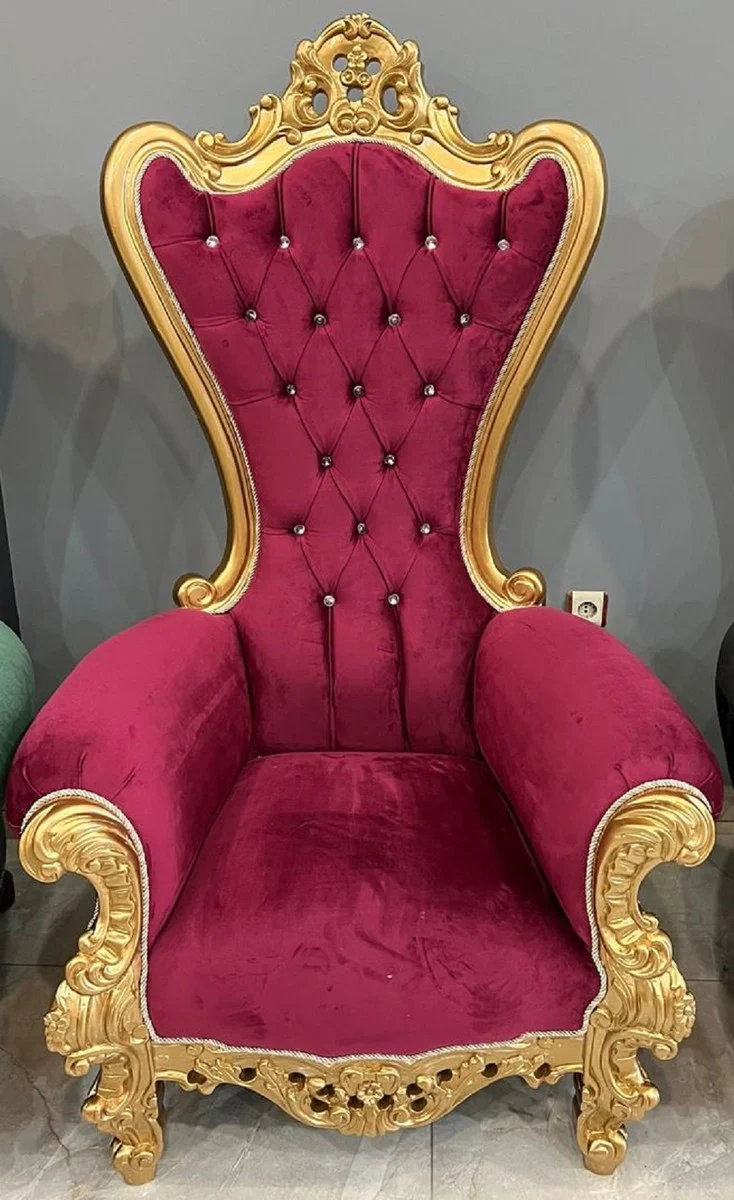 Casa Padrino sill¨®n de trono barroco con tela de terciopelo fino y pedrer¨ªa rojo burdeos / oro - Sill¨®n real barroco - Sill¨®n de boda barroco - Sill¨®n gigante barroco - Muebles barrocos