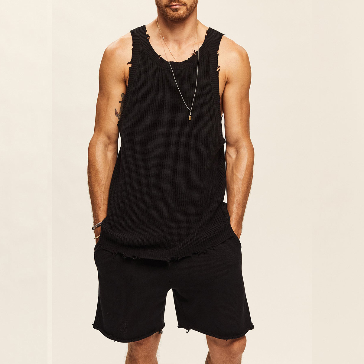Suitmens Men's Casual Knit Sleeveless Athletic Shorts Set 03