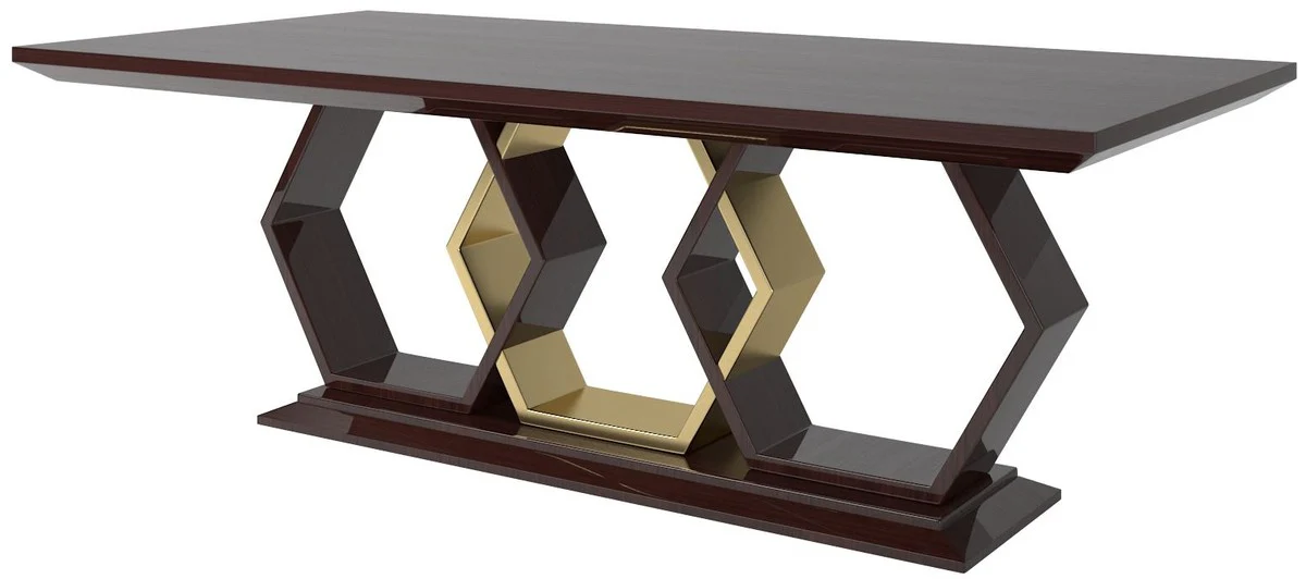 Casa Padrino mesa de comedor de dise?o marr¨®n oscuro brillante / oro 220 x 110 x A. 77 cm - Mesa de cocina noble rectangular de madera maciza - Calidad de Lujo