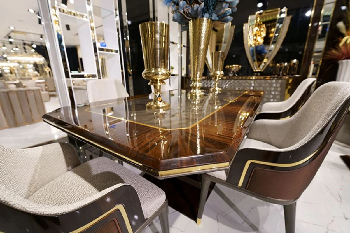 Casa Padrino Conjunto de Comedor de Lujo Gris / Marr¨®n / Oro - 1 Mesa de Comedor & 6 Sillas de Comedor - Muebles de Comedor de Lujo - Calidad de Lujo