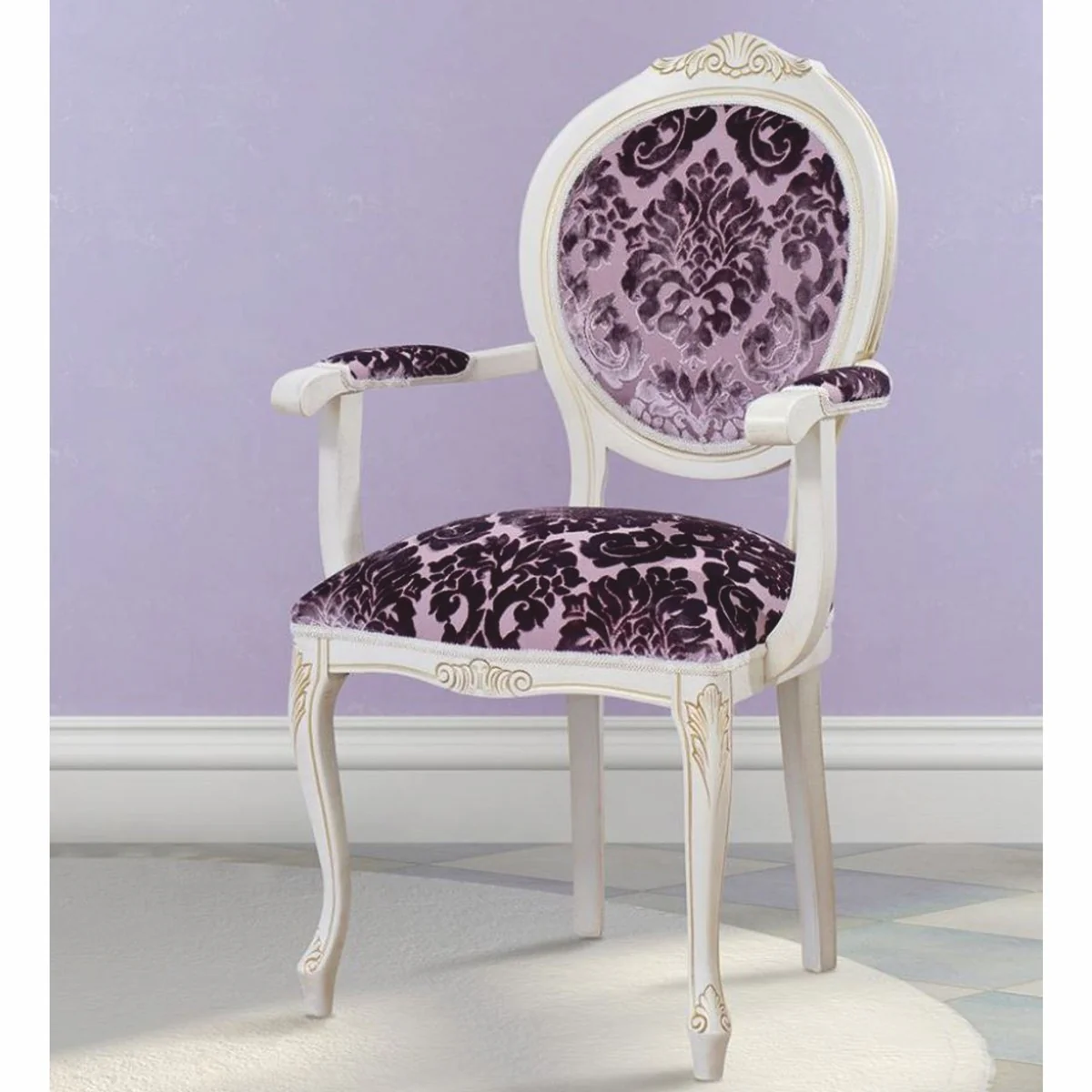 Casa Padrino silla de comedor barroco de lujo con reposabrazos púrpura / blanco / beige - Muebles barrocos