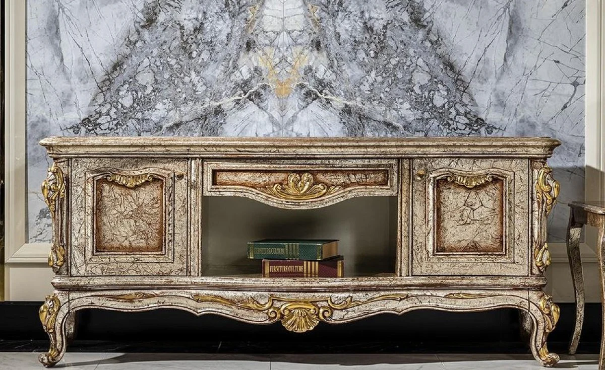 Casa Padrino armario de TV barroco de lujo plata antigua / marrón / oro - Magnífico aparador de salón con 2 puertas y cajón - Muebles de salón barrocos