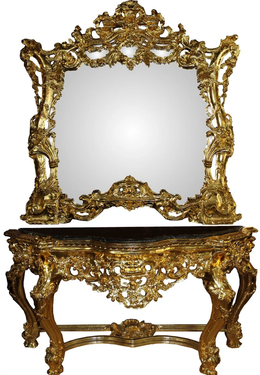 Consola de espejo barroco de lujo Casa Padrino con tapa de m¨¢rmol dorado 175 x H265 cm - Muebles para hoteles - Edici¨®n limitada