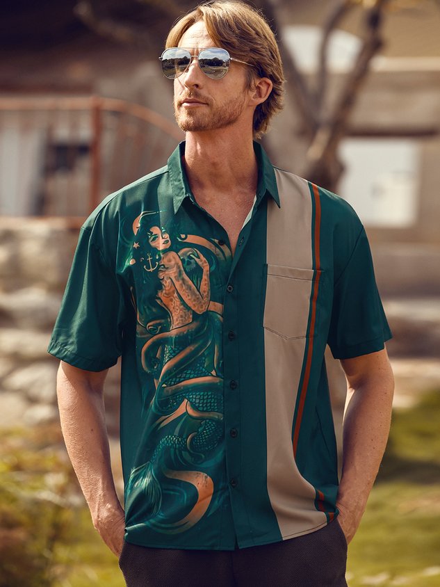 Mermaid Chest Pocket Short Sleeve Bowling Shirt