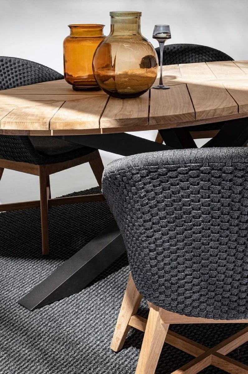 Casa Padrino mesa de jardín de lujo natural / negro 240 x 110 x A. 77 cm - Mesa de comedor ovalada con tablero de teca - Mesa de jardín y terraza - Muebles de jardín y terraza de lujo