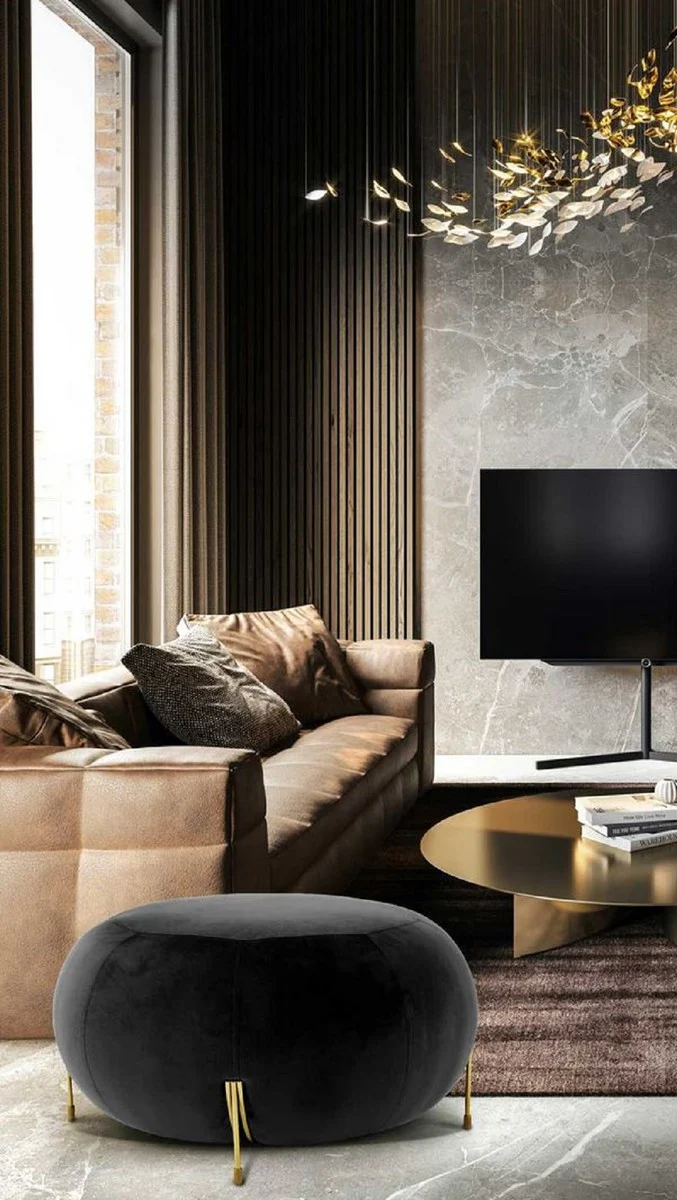 Casa Padrino taburete redondo de terciopelo de lujo negro / oro ? 80 x A. 40 cm - Taburete redondo moderno - Taburete de sal¨®n - Muebles de sal¨®n modernos