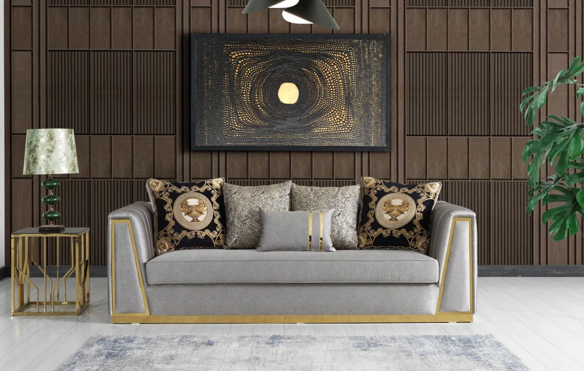 Casa Padrino sof¨¢ de sala de estar de lujo con cojines decorativos gris / oro 240 x 92 x A. 78 cm - Muebles de sal¨®n de lujo