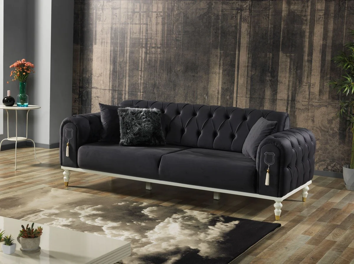 Casa Padrino sof¨¢ cama Chesterfield de lujo gris oscuro / blanco / oro 230 x 95 x A. 83 cm - Sof¨¢ de sal¨®n con 3 almohadas - Muebles de sal¨®n de lujo