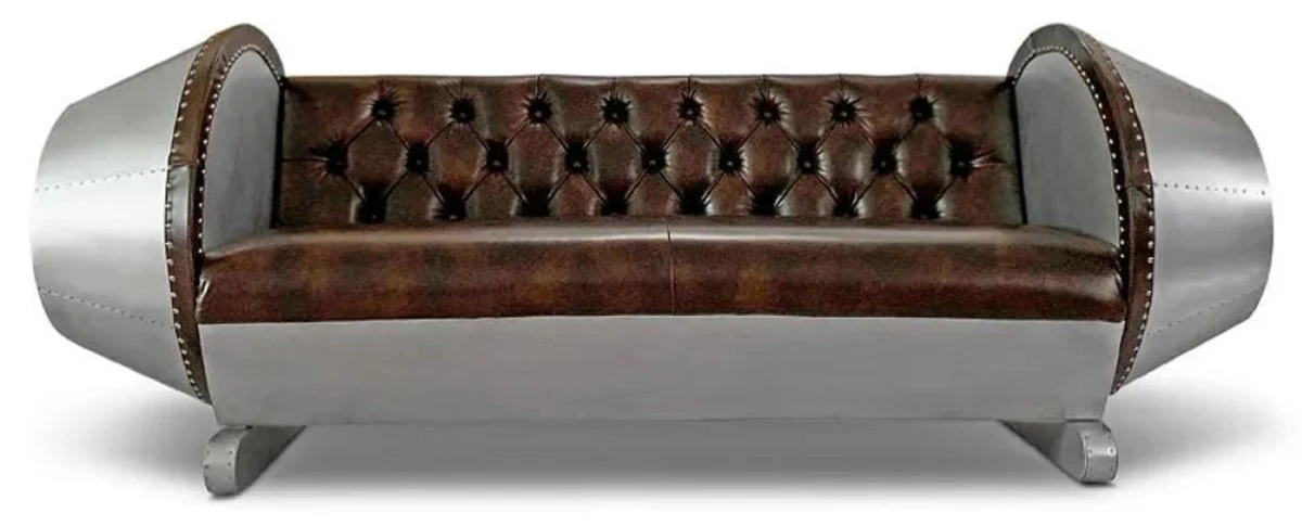 Casa Padrino sof¨¢ de cuero chesterfield plata / marr¨®n 240 x 82 x A. 91 cm - Sof¨¢ de cuero genuino - Muebles de avi¨®n - Muebles de aviador - Muebles Chesterfield - Muebles de sal¨®n de cuero genuino