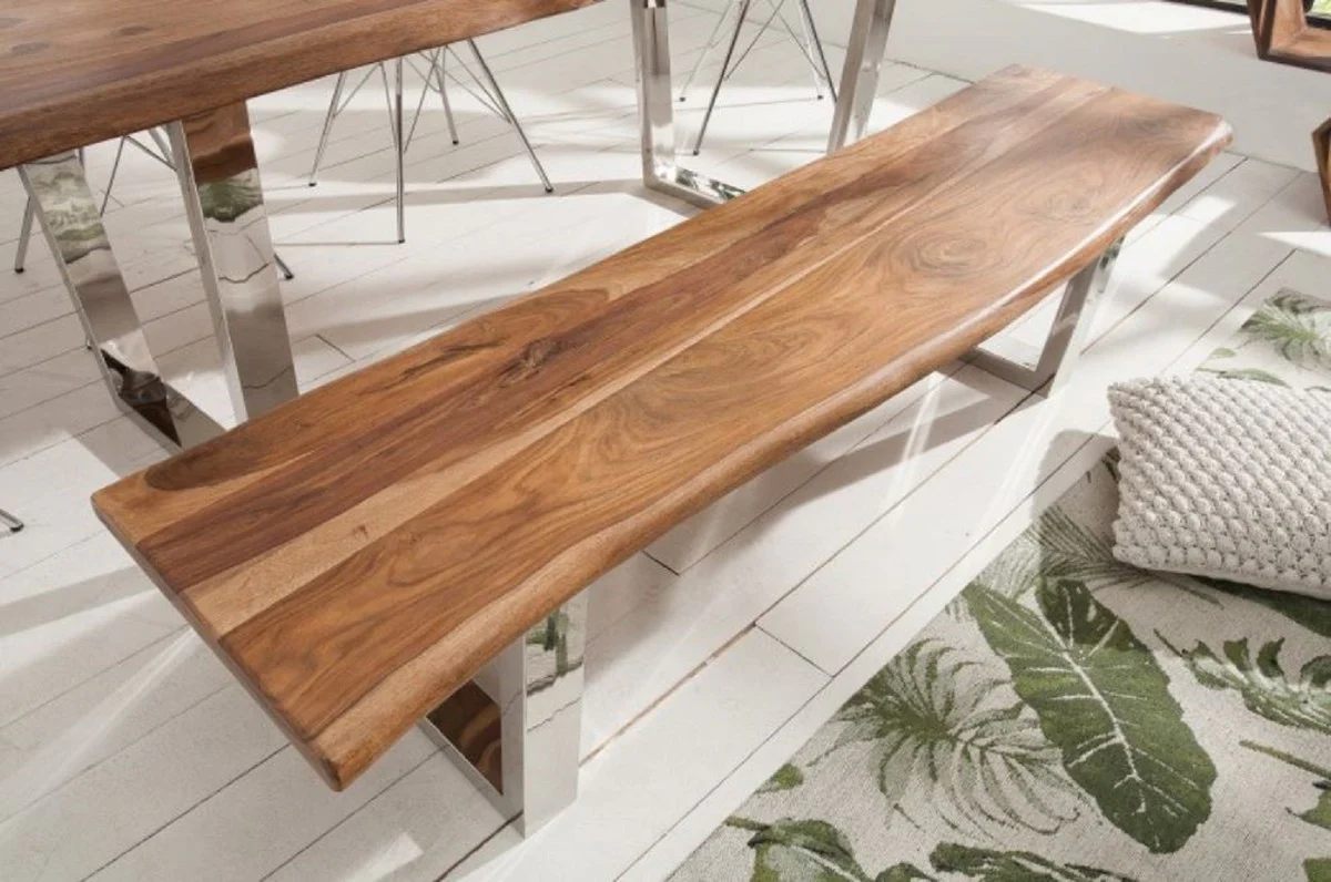 Casa Padrino banco de diseño marrón / plata 180 x 45 x H. 45 cm - Banco de Lujo con Madera Maciza de Sheesham y Patas de Acero Inoxidable Pulidas