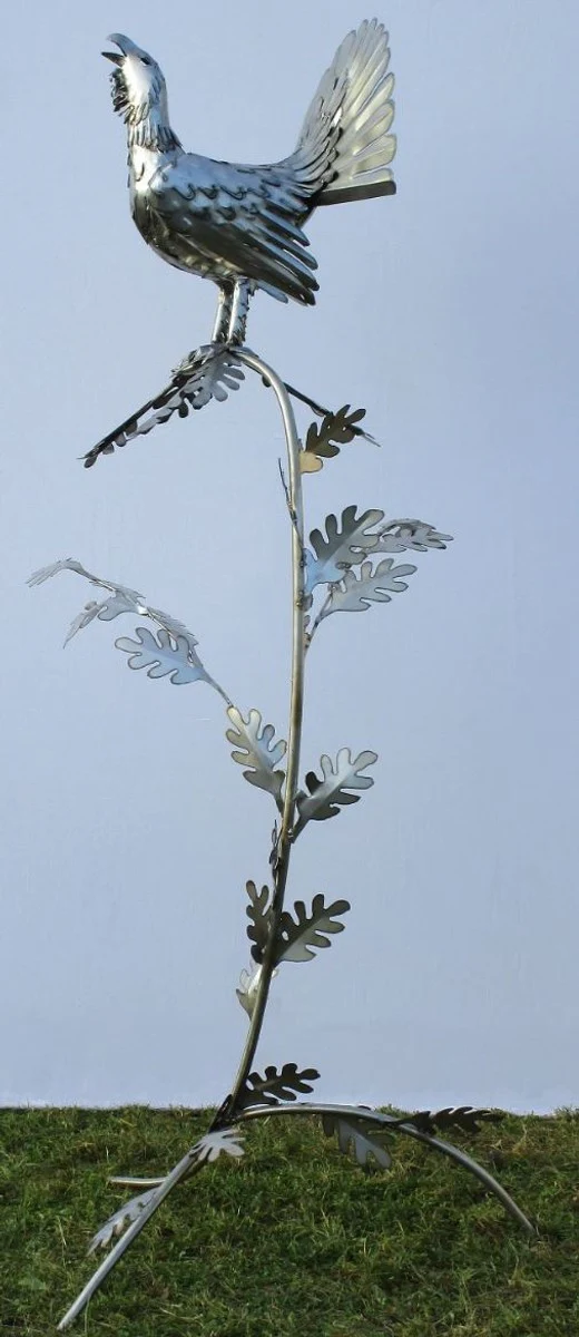 Casa Padrino escultura de decoración de jardín gallo en rama plata 87 x 70 x A. 160 cm - Figura de Jardín de Acero Inoxidable Hecha a Mano - Decoración de Jardín