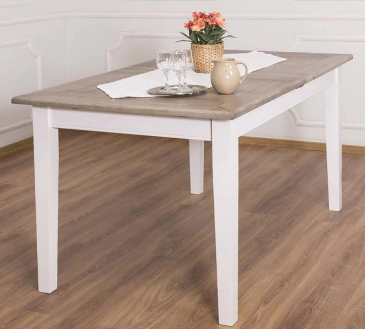 Casa Padrino mesa de comedor de estilo campestre marr¨®n / blanco 160-200 x 90 x A. 78 cm - Mesa de Cocina de Madera Maciza con Tablero de Roble Extensible