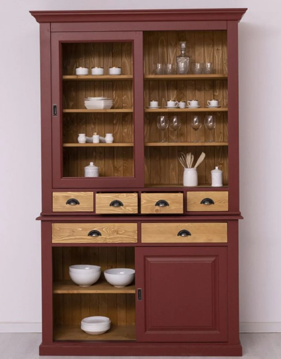 Casa Padrino armario de comedor de estilo campestre rojo burdeos / natural 142 x 48 x A. 225 cm - Armario de cocina de madera maciza - Muebles de comedor de estilo campestre