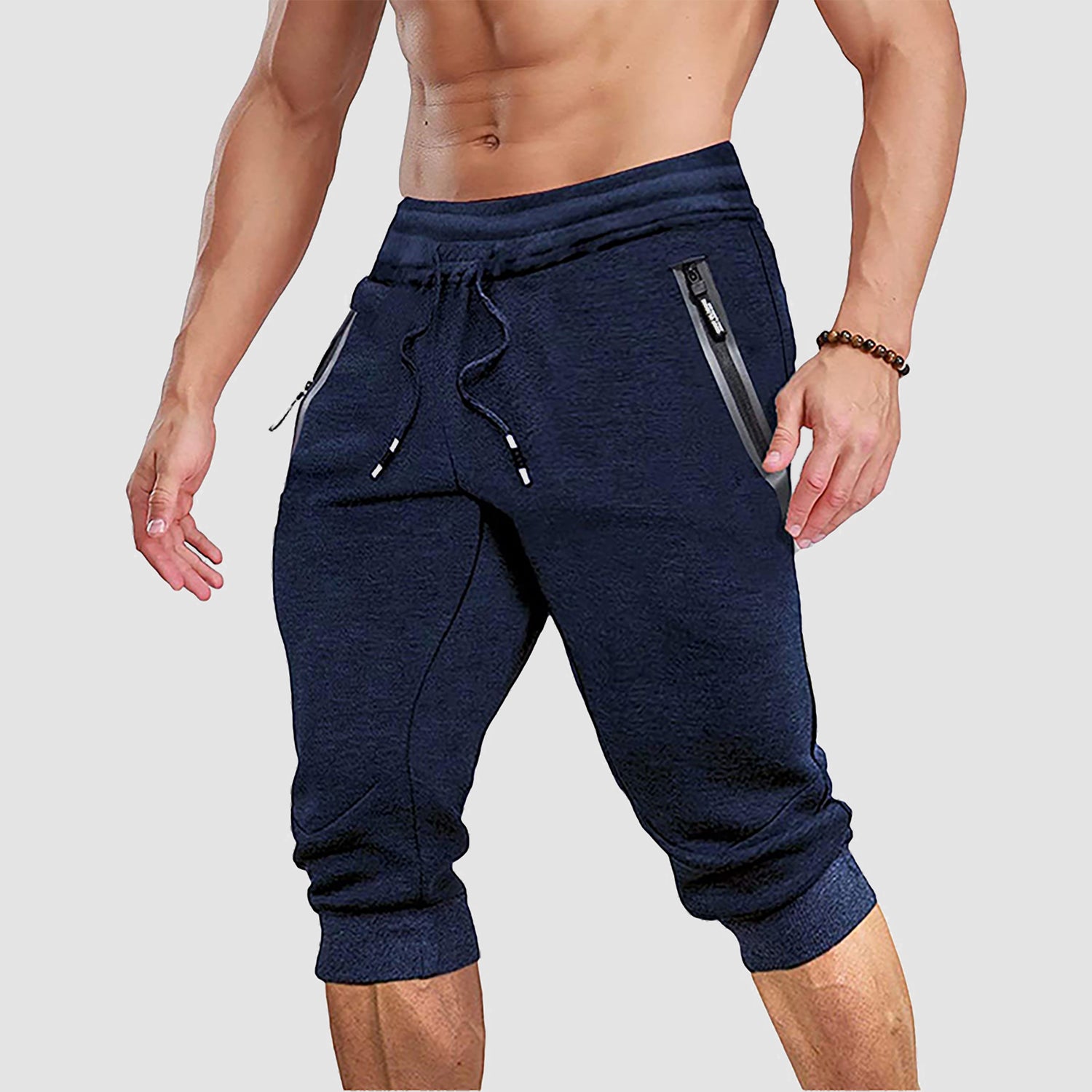 Men Capris Joggers with Zipper Pocket Drawstring Tapered Training Shorts