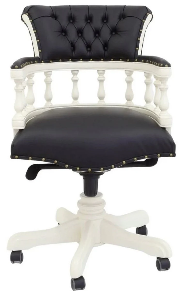 Casa Padrino silla de escritorio barroco de lujo Chesterfield de cuero genuino negro / blanco A. 107 cm - Muebles de oficina barrocos