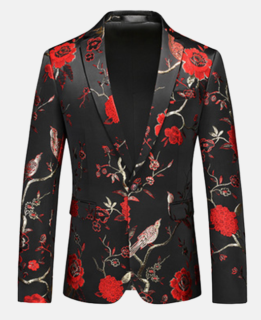 Fashion Floral Jacquard Notch Lapel One Button Slim Fit Blazer