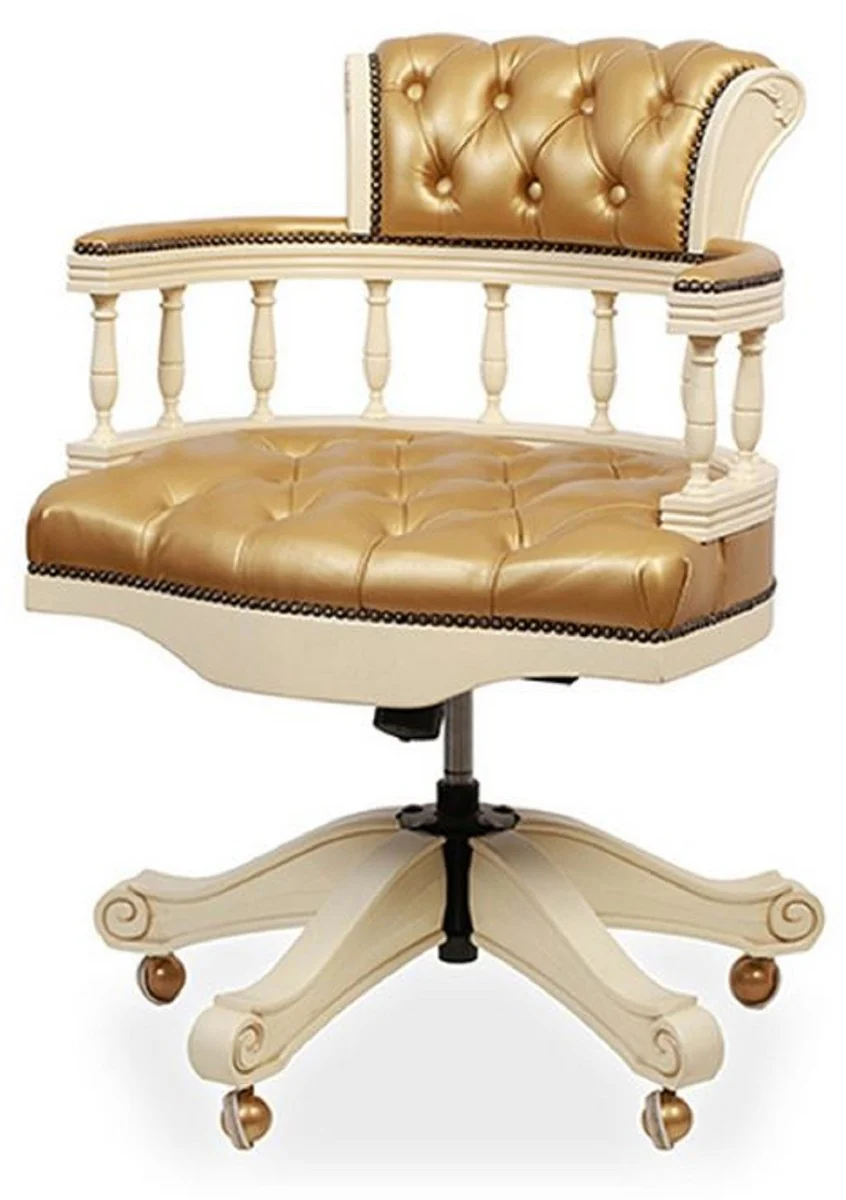 Casa Padrino silla de escritorio Chesterfield barroco de lujo de cuero oro / crema - Silla de oficina de cuero genuino ajustable en altura - Muebles de oficina - Noble y magn¨ªfico