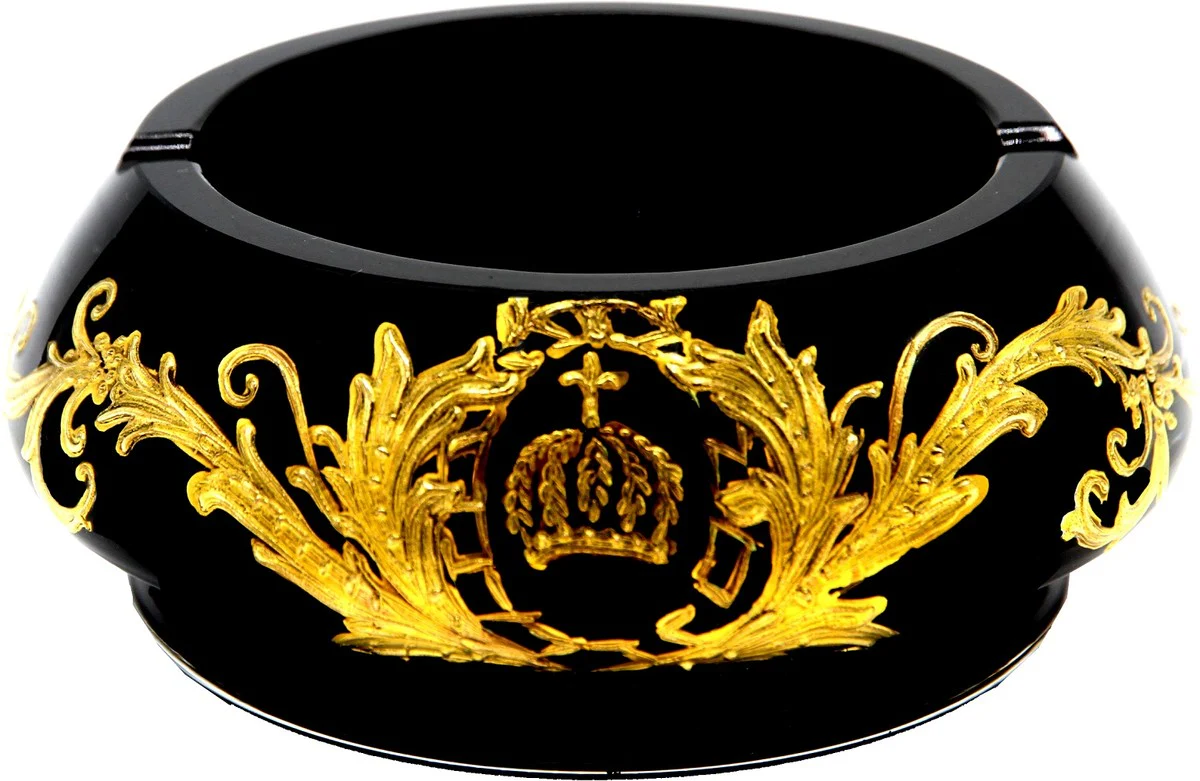 Pompöös by Casa Padrino cenicero de lujo con baño de oro de 24 quilates negro / oro Ø 15,5 x A. 6,5 cm - Cenicero de vidrio Pompööser diseñado por Harald Glööckler