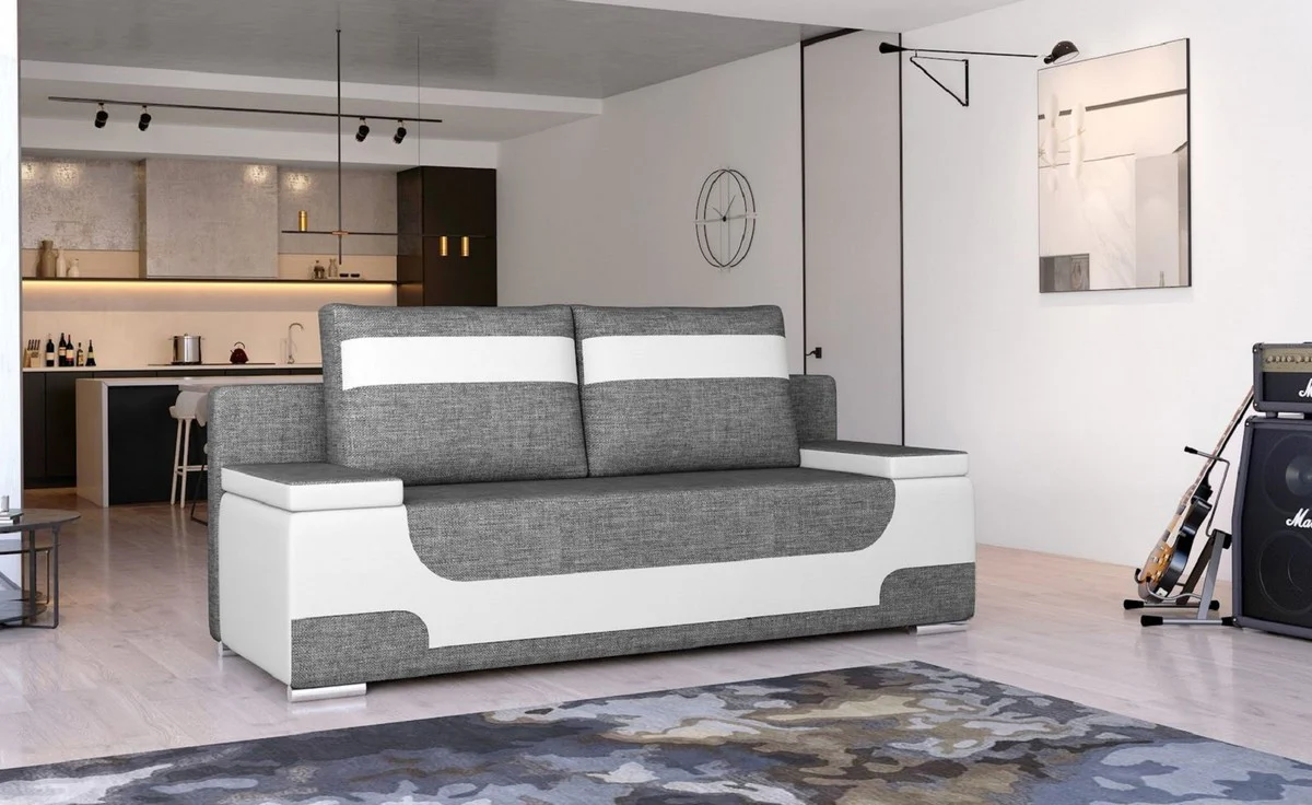 Casa Padrino sof¨¢ cama de lujo gris / blanco / plata 200 x 92 x A. 90 cm - Sof¨¢ de sal¨®n con funci¨®n de dormir - Muebles de sal¨®n - Muebles de lujo - Interior de lujo