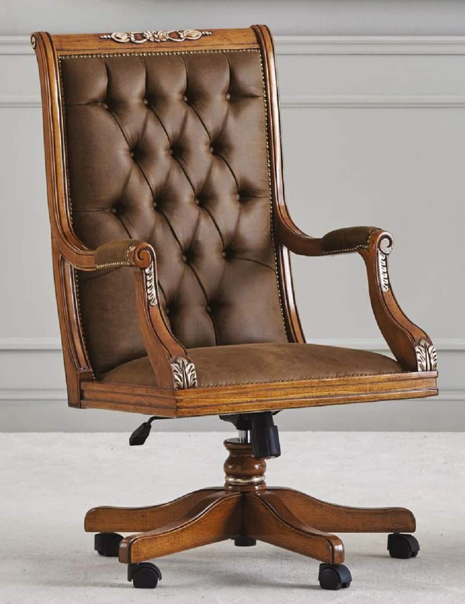 Casa Padrino silla de escritorio Chesterfield barroco de lujo marr¨®n - Silla de oficina de estilo barroco ajustable en altura con cuero artificial - Muebles de oficina barrocos - Hecho en Italia