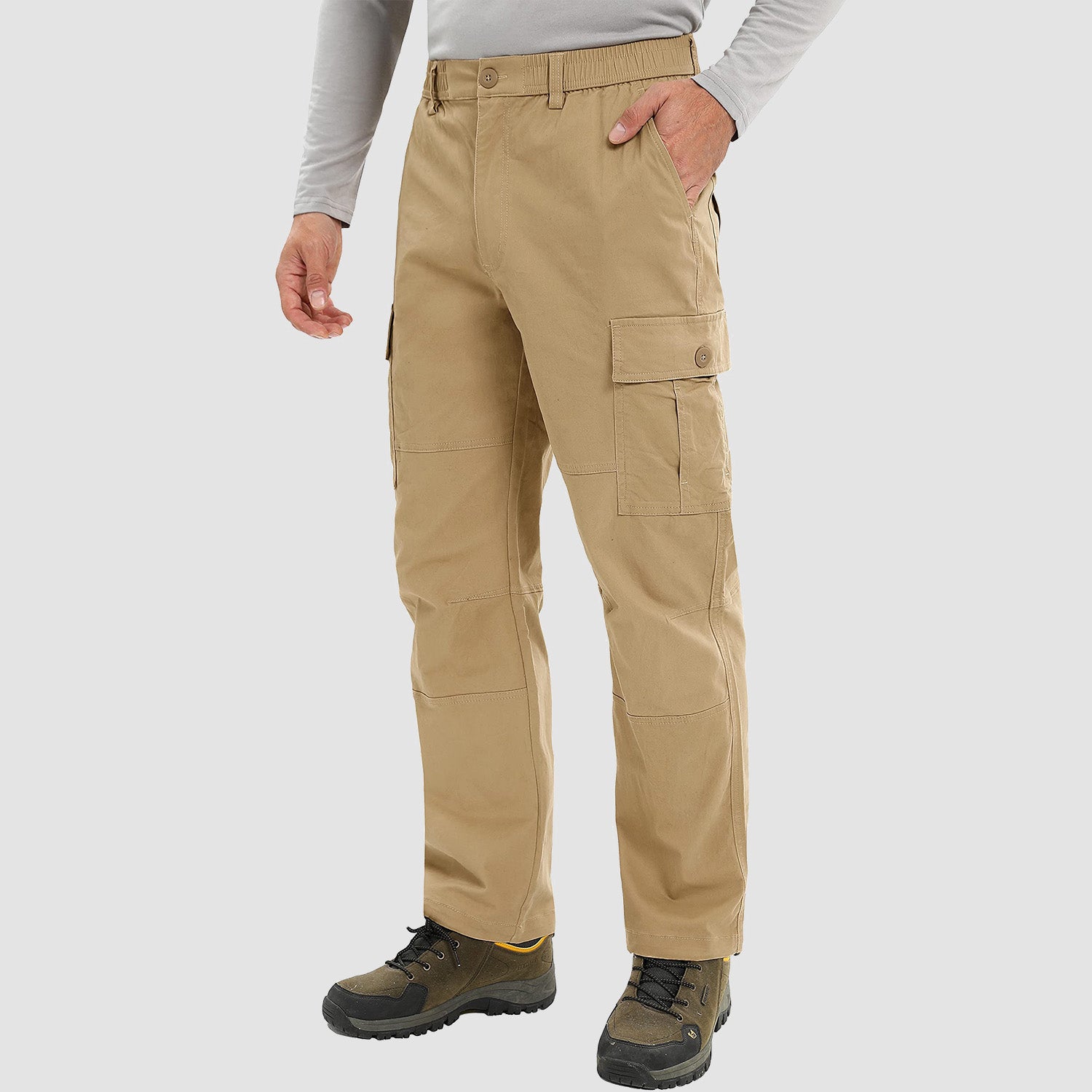 Men's Outdoor Cargo Pants Straight Fit with 6 Pockets Elastic Waist Fishing Travel Work Pants