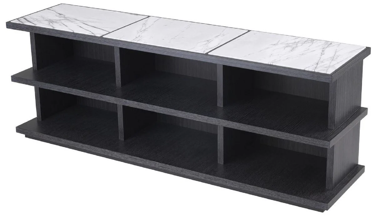 Casa Padrino armario de estanter¨ªa de lujo gris antracita / blanco / lila 220 x 55 x A. 80 cm - Noble armario de madera maciza con 3 estantes y encimeras de m¨¢rmol - Muebles de sal¨®n de lujo